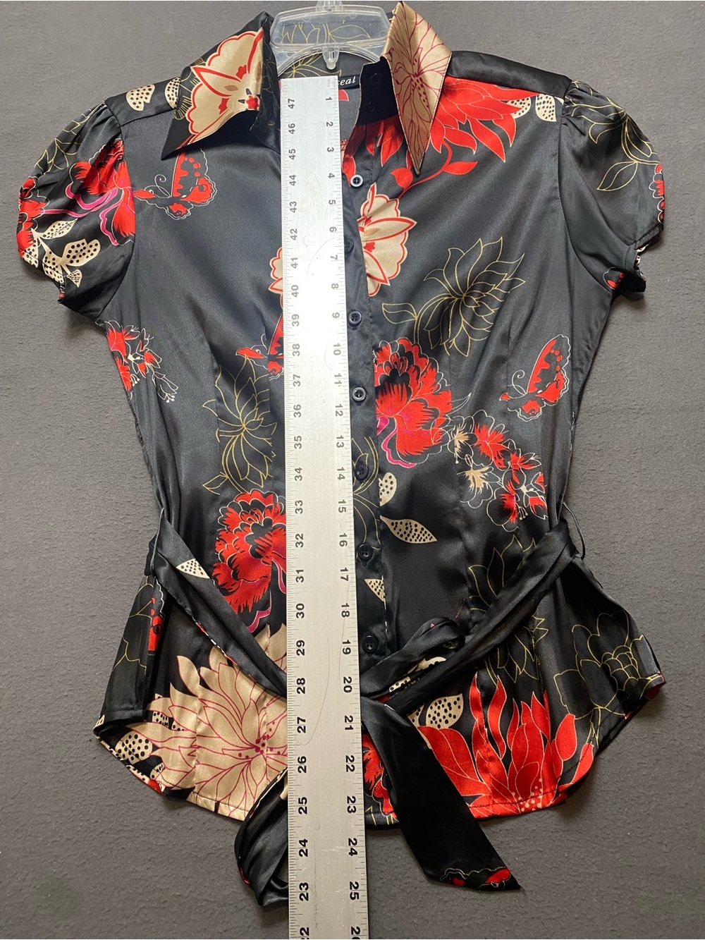Wet Seal Black Floral Tie-Waist Button Down Blouse- Small - Picture 10 of 10